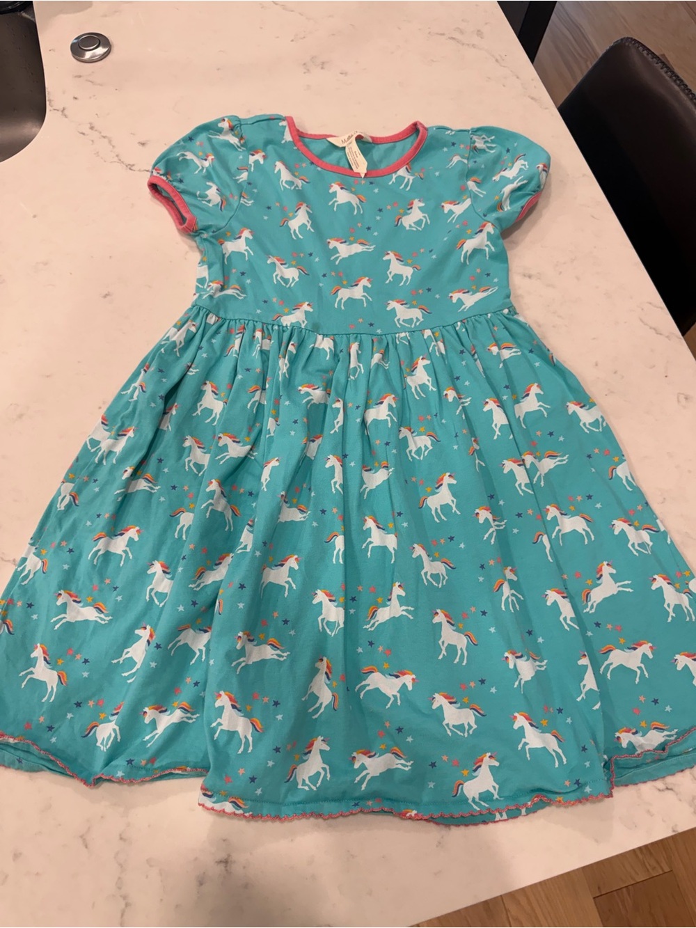 Matilda Jane Teal Unicorn Short Sleeve Twirl Dress with Pink Trim